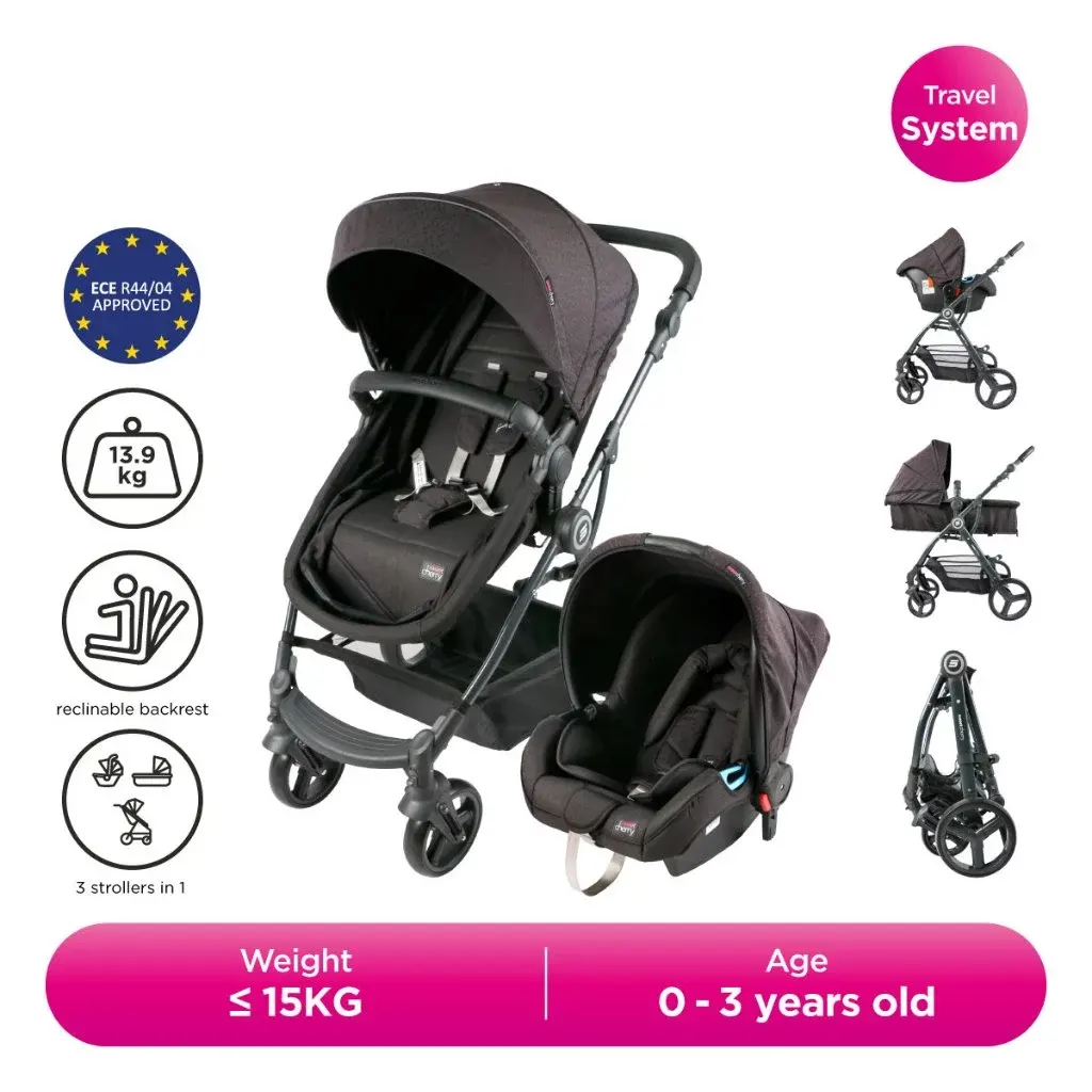 Sweet Cherry 3-in-1 Convertible Baby Stroller with Baby Carrier Car Seat GL600 Vetro S Travelling System